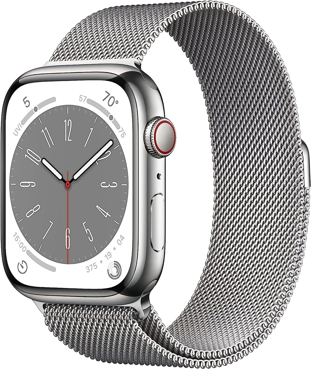 Apple Watch Series 8 [GPS + Cellular, 45mm] - Silver Stainless Steel Case with Silver Milanese Loop, One Size (Renewed)