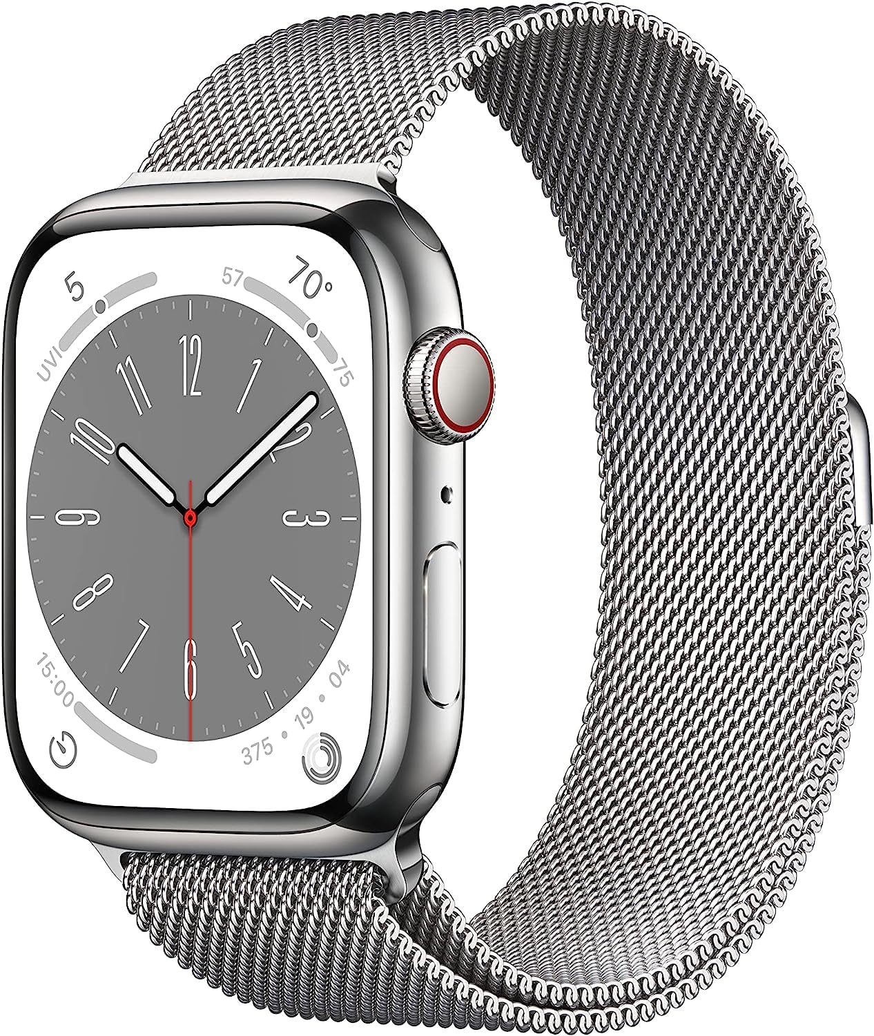 Apple Watch Series 8 [GPS + Cellular, 45mm] - Silver Stainless Steel Case with Silver Milanese Loop, One Size (Renewed)