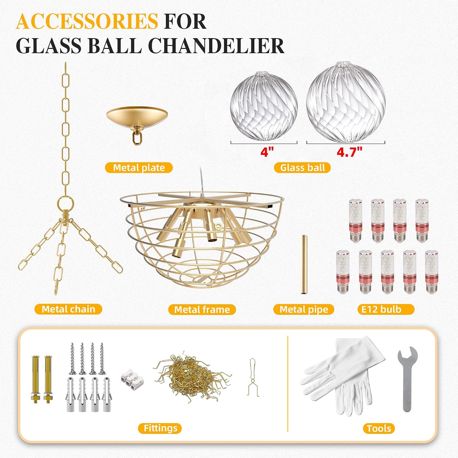 Longree Nordic Bubble Ball Swirled Glass Chandelier, Diam 31' Gild Gold and Clear Modern Hand Blown Glass Pendant Light Fixture 9-Light for Dining Room, Bedroom, Study, Restaurant, Hallway
