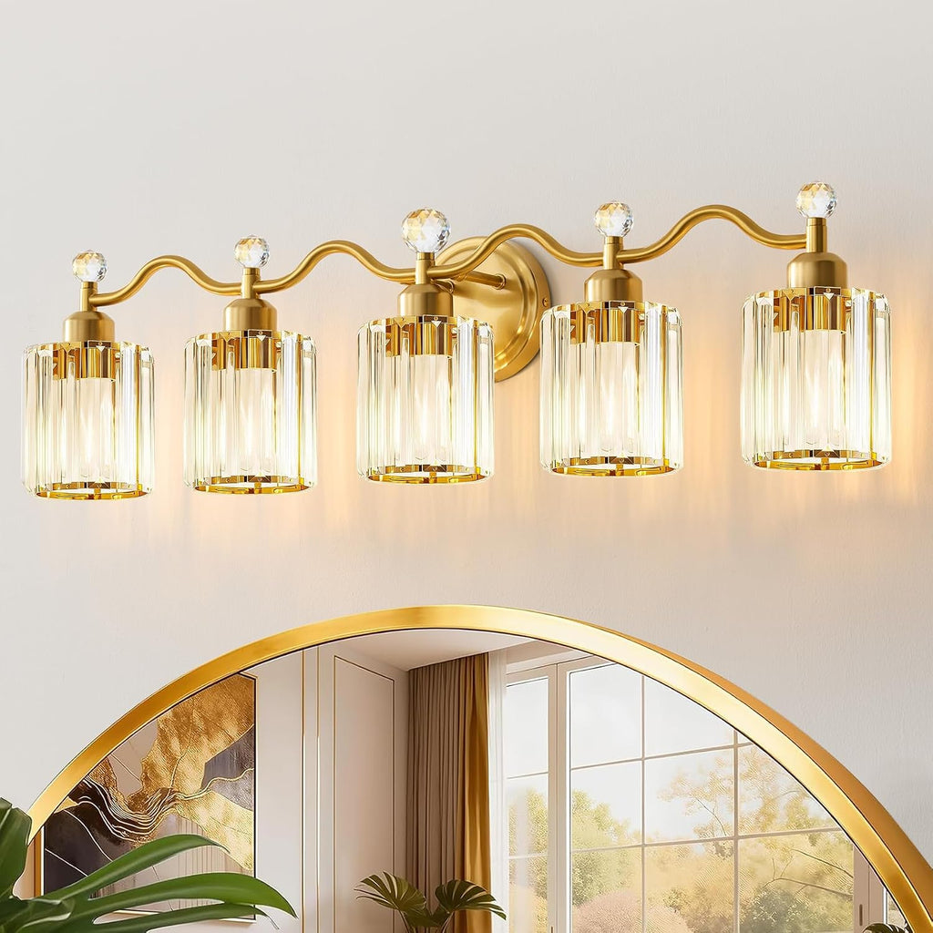 Bathroom Vanity Light Fixtures 5-lights, Gold Crystal Vanity Lights for Bath, Bathroom Lights Fixture with Clear Crystal Glass Shade, Modern Wall Light over Mirror, Wall Sconces Light for Hallway