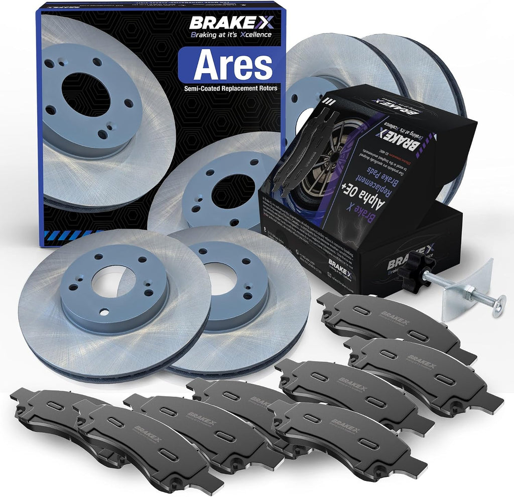 Brake X Front and Rear Brake Pads and Rotors Kit with brake caliper compression tool replacement for 2021 NISSAN 350Z | ARES Semi Coated Rotors and Alpha Ceramic Brake Pads