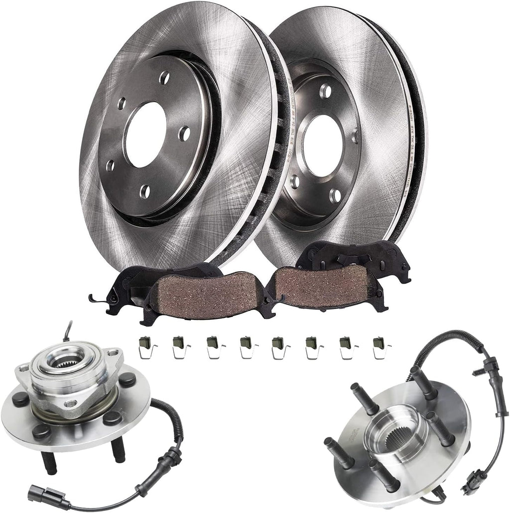 Detroit Axle - Front Wheel Bearing Hubs Brake Kit for 2009 2010 2011 Dodge Ram 1500, Wheel Bearing Hubs Brake Rotors Ceramic Brakes Pads Replacement : 13.23 inch Front Rotor