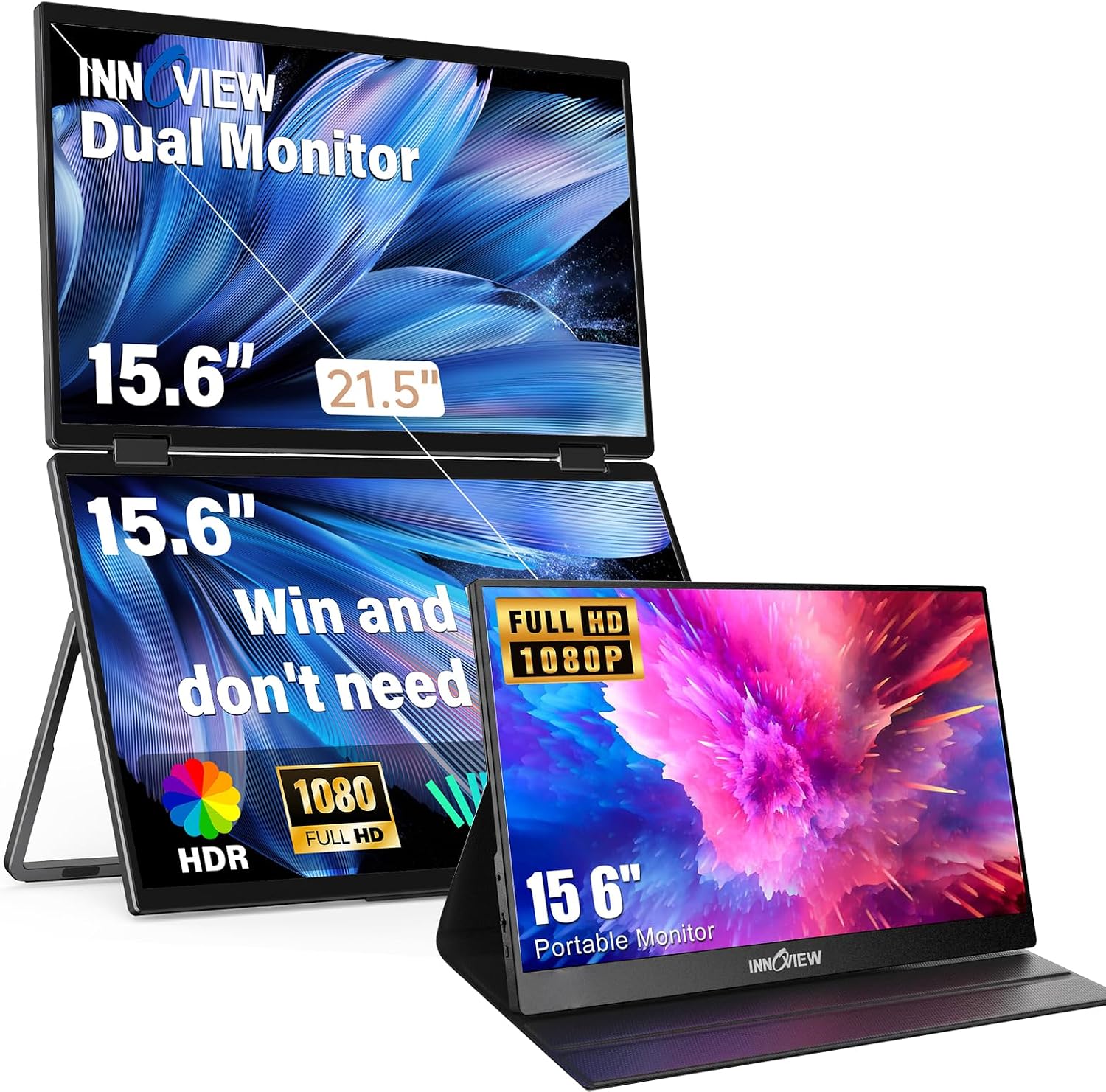 InnoView 15.6' FHD 100Hz 100% sRGB Dual Monitor with 15.6 Inch FHD 1080P Standard HDMI USB C Second External Monitor for Laptop