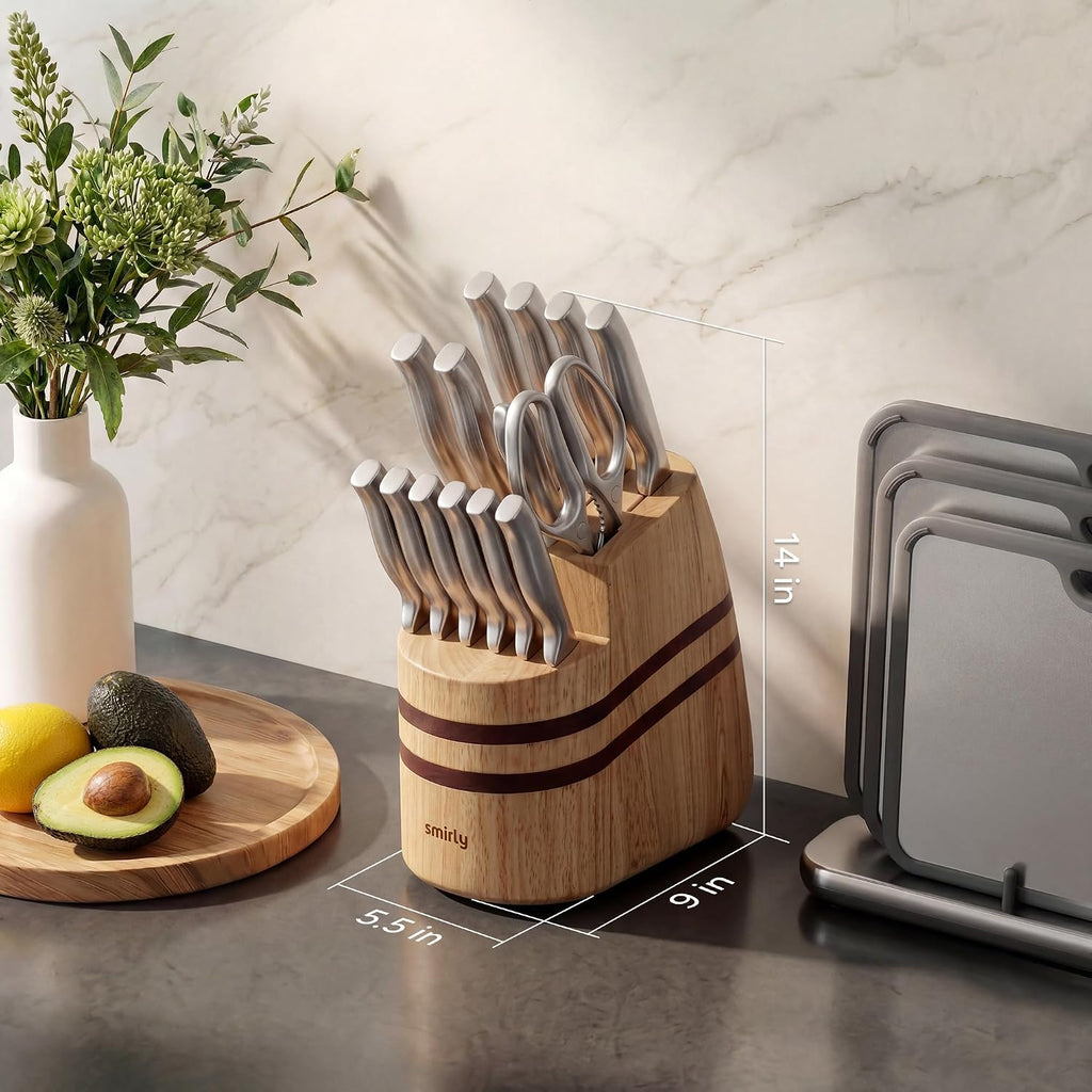SMIRLY 15 Piece Knife Set with Block - Kitchen Knife Sets with Block and Sharpener - Heavy Duty Wooden Block with One-Piece Design Stainless Steel Knives Dishwasher Safe