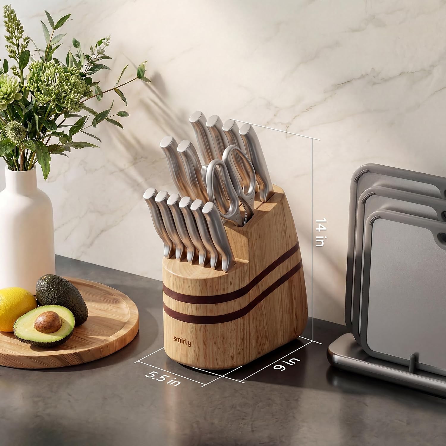 SMIRLY 15 Piece Knife Set with Block - Kitchen Knife Sets with Block and Sharpener - Heavy Duty Wooden Block with One-Piece Design Stainless Steel Knives Dishwasher Safe