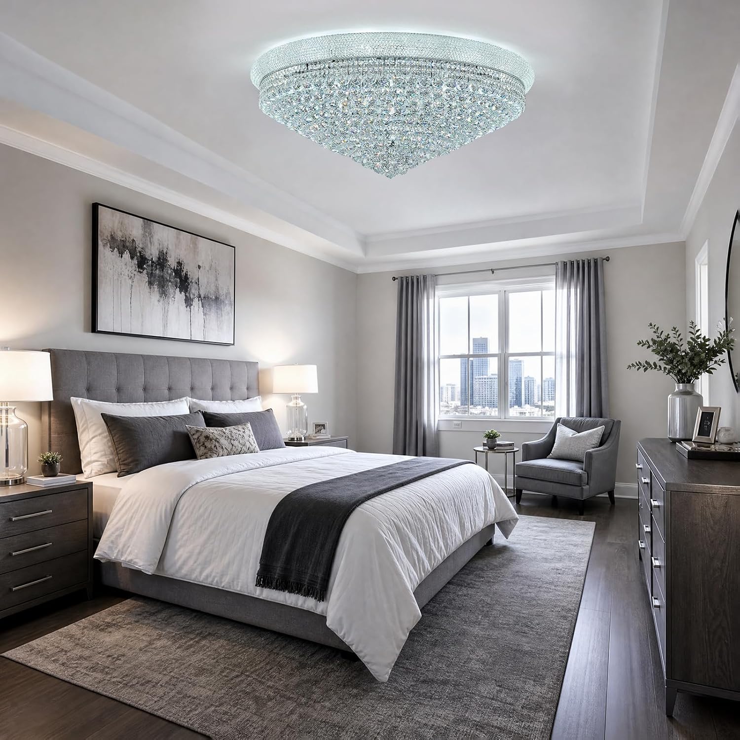 27-Light Large Crystal Chandelier Flush Mount Ceiling Light Fixture for Living Room Entrance Foyer Lobby Chrome Finish