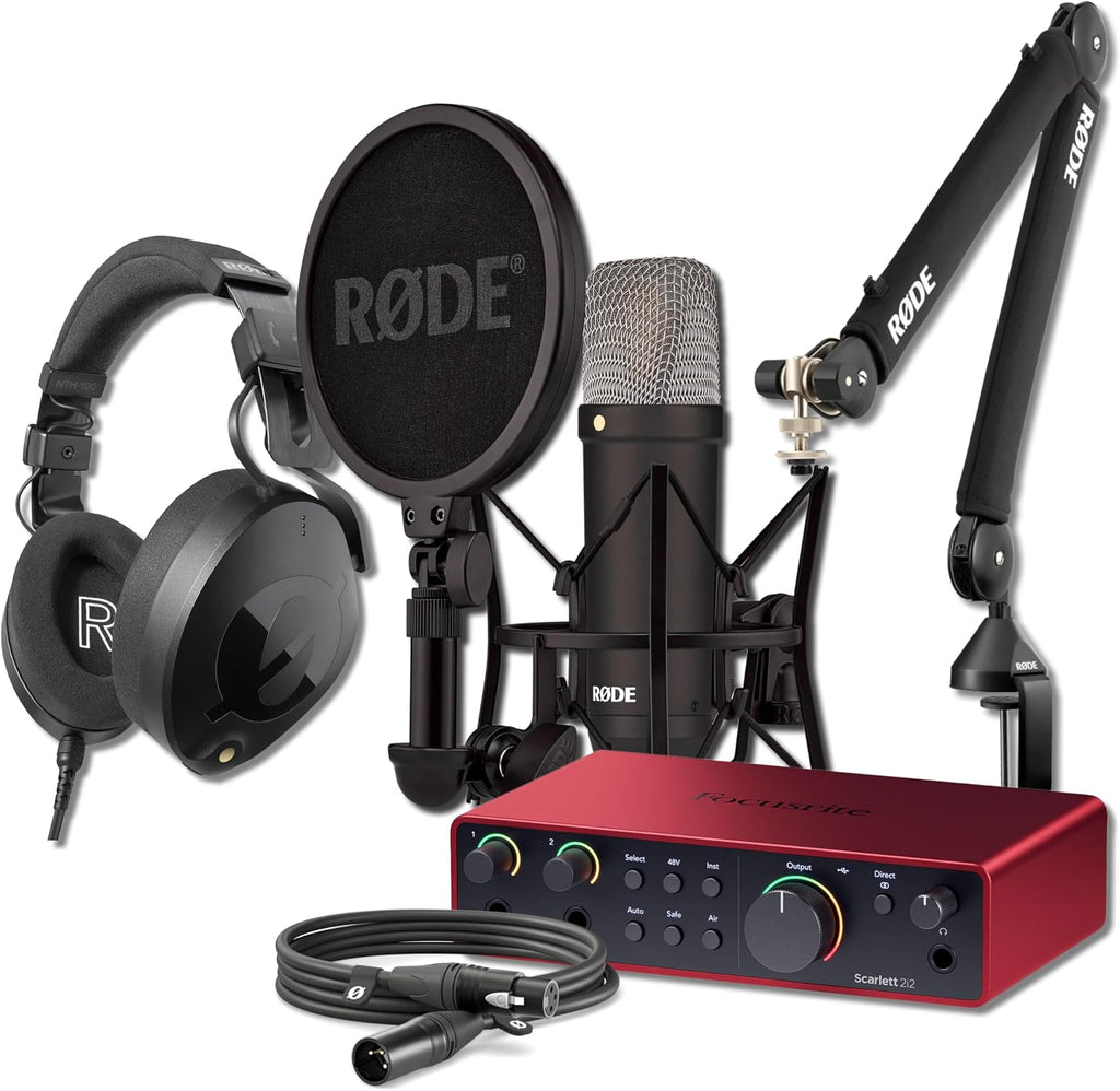 Rode NT1 Signature Black Condenser Mic Bundle with PSA1+ Silent Boom Arm, NTH-100 Headphones, Focusrite Scarlett 2i2 (4G) — 4 dBA XLR Studio Mic for Singing, Vocal Recording, Voice Over, Podcasting