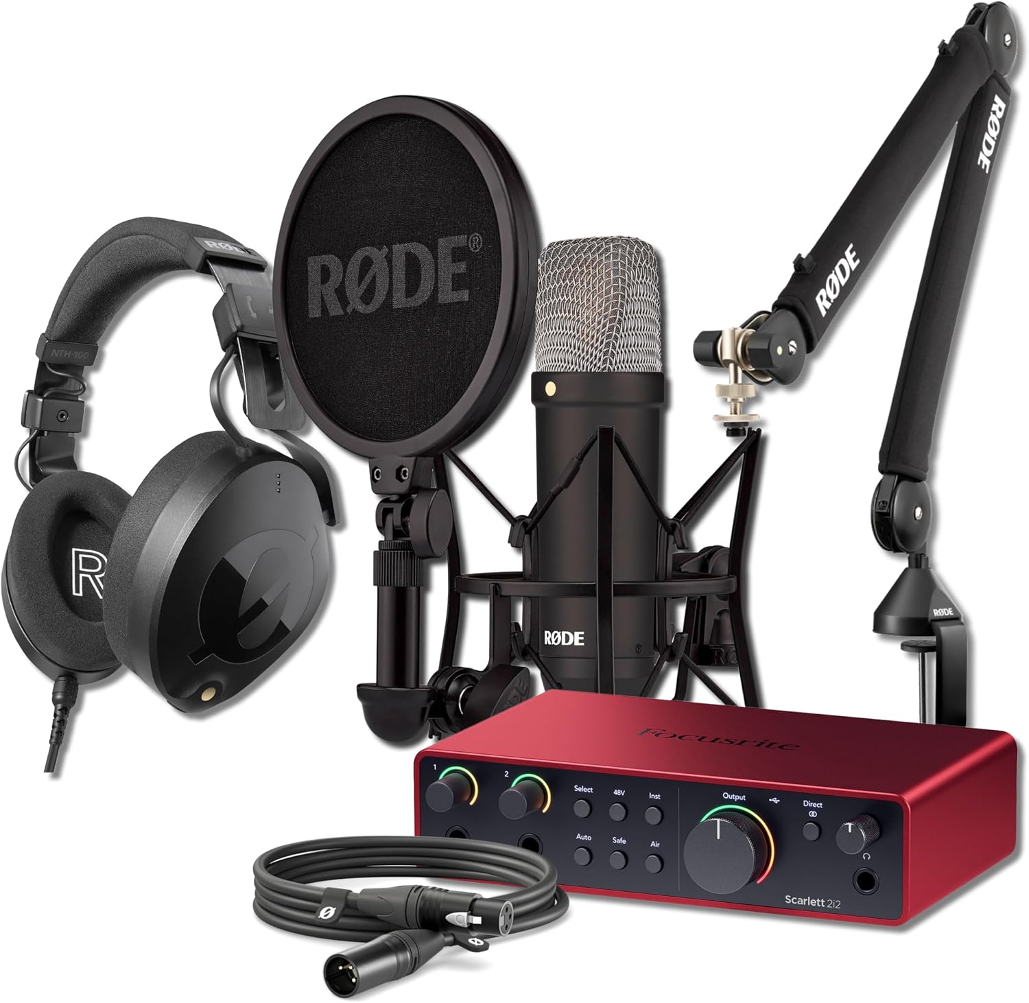 Rode NT1 Signature Black Condenser Mic Bundle with PSA1+ Silent Boom Arm, NTH-100 Headphones, Focusrite Scarlett 2i2 (4G) — 4 dBA XLR Studio Mic for Singing, Vocal Recording, Voice Over, Podcasting