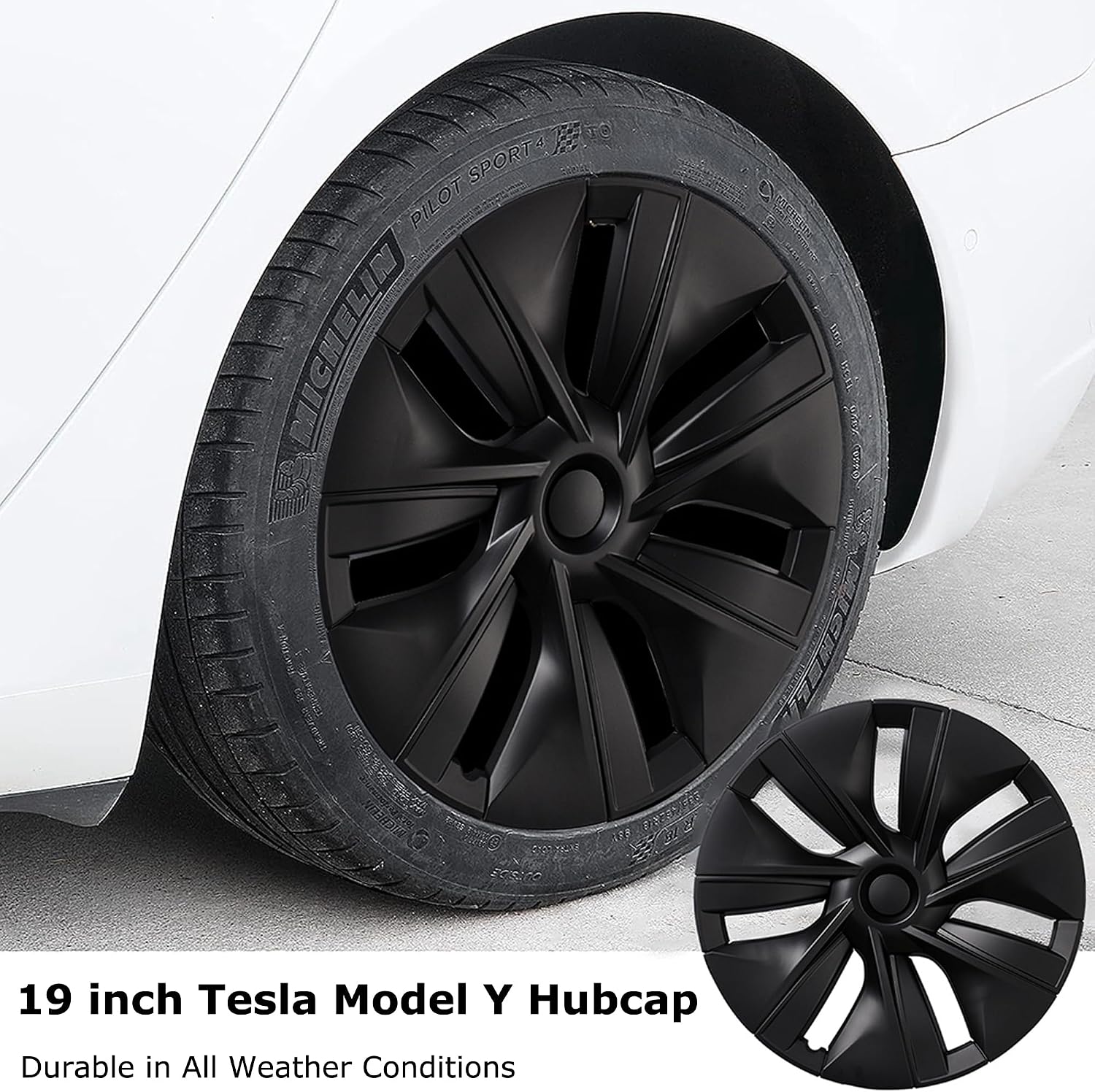 Matte Black Hubcap Wheel Cover Replacement Kit Compatible with Model Y, 19' Hub Caps Wheel Rim Cover Protector Car Exterior Accessories Pack of 4, 19 inches