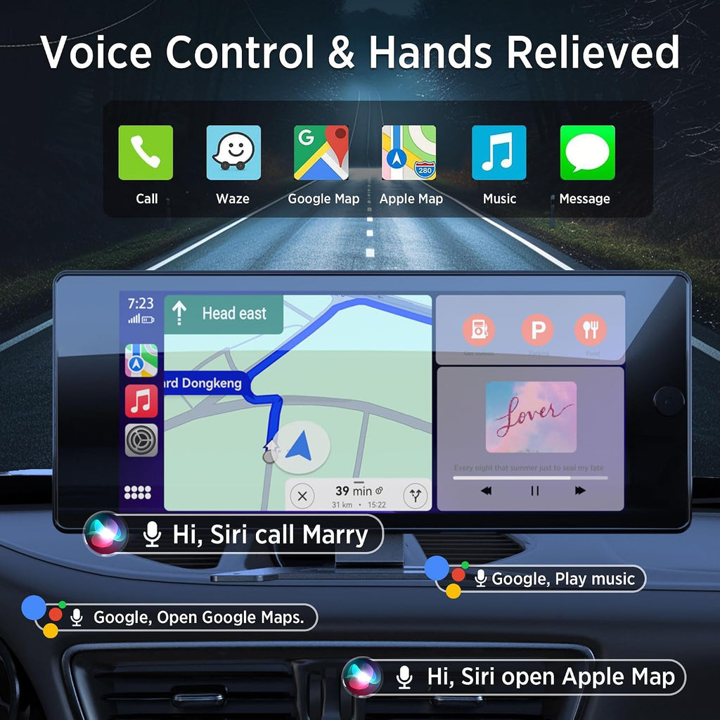 ASLONG 10.36' Wireless CarPlay Screen for Car & 4K 4CH Dash Cam with Android Auto, Portable HD Touchscreen Car Stereo with 1080P Backup Camera, GPS Navigation Mirror Link for Semi Trailer Truck