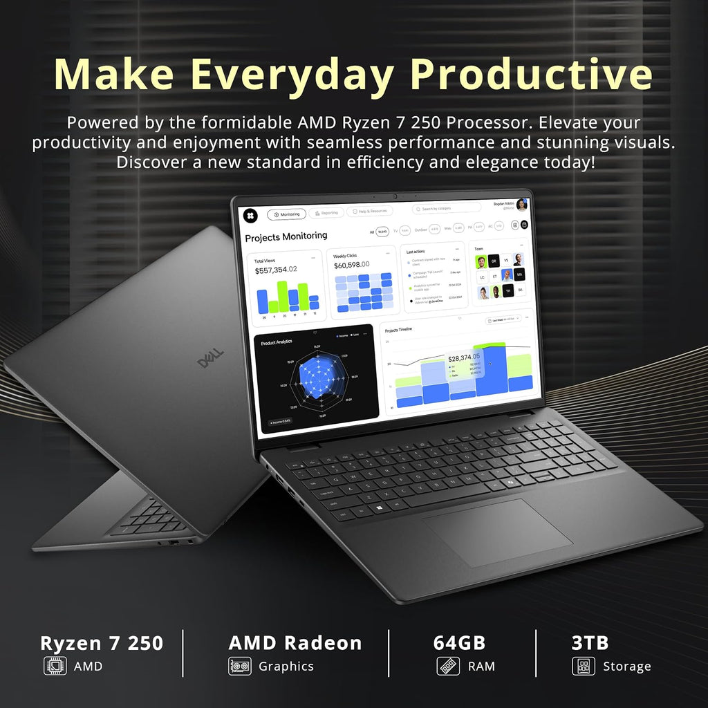 Dell 16' FHD+ Touchscreen Business Laptop, AMD Ryzen 7 250 Processor, 64GB RAM, 3TB Storage(2TB SSD+1TB Docking Station Set), AMD Radeon Graphics, Backlit Keyboard, Wi-Fi 6, HD Camera, Win 11, Black