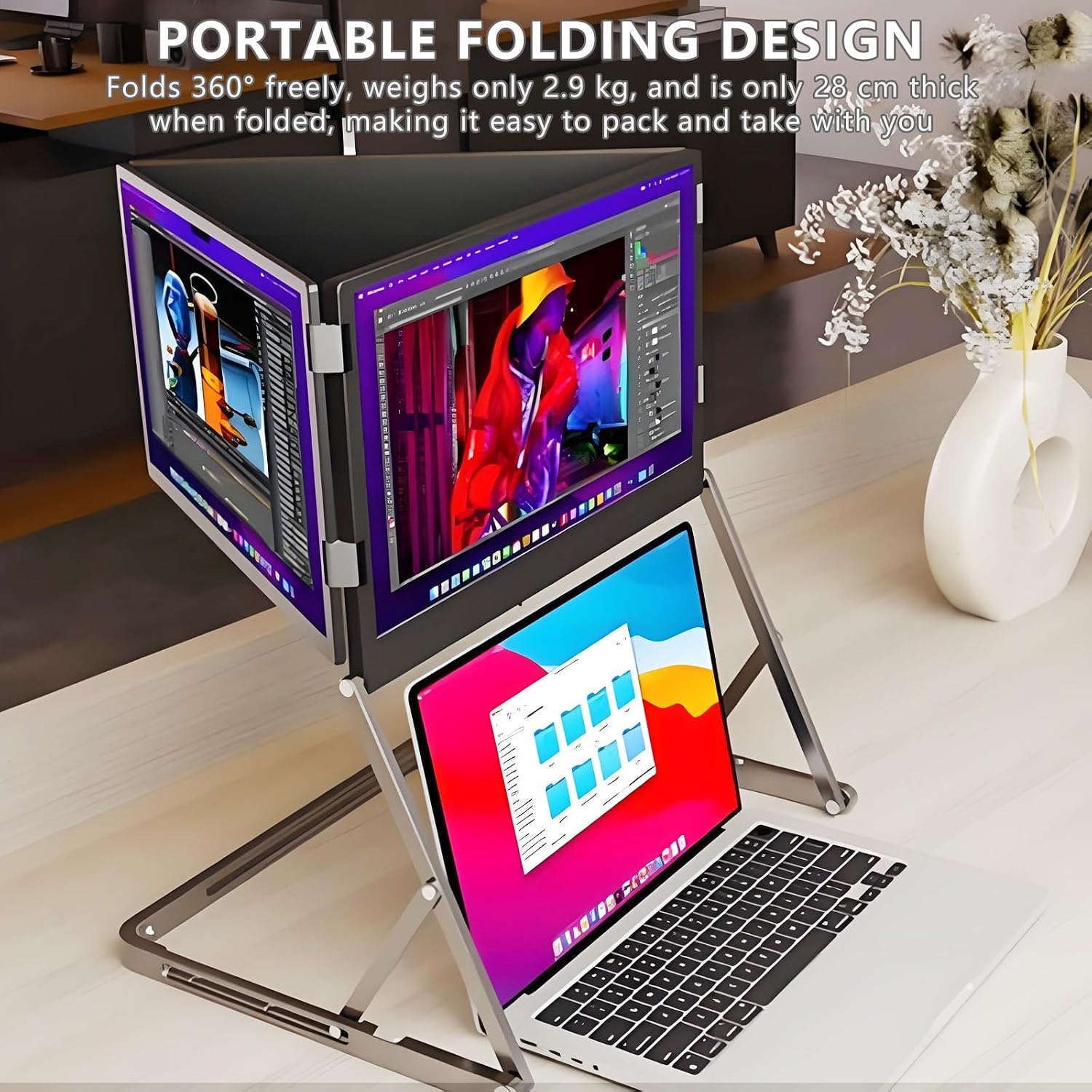 15.6' Triple Screen Laptop Monitor,w/Foldable Kickstand,1080p Fhd Laptop Screen Extender,Compatible with Windows and Macos