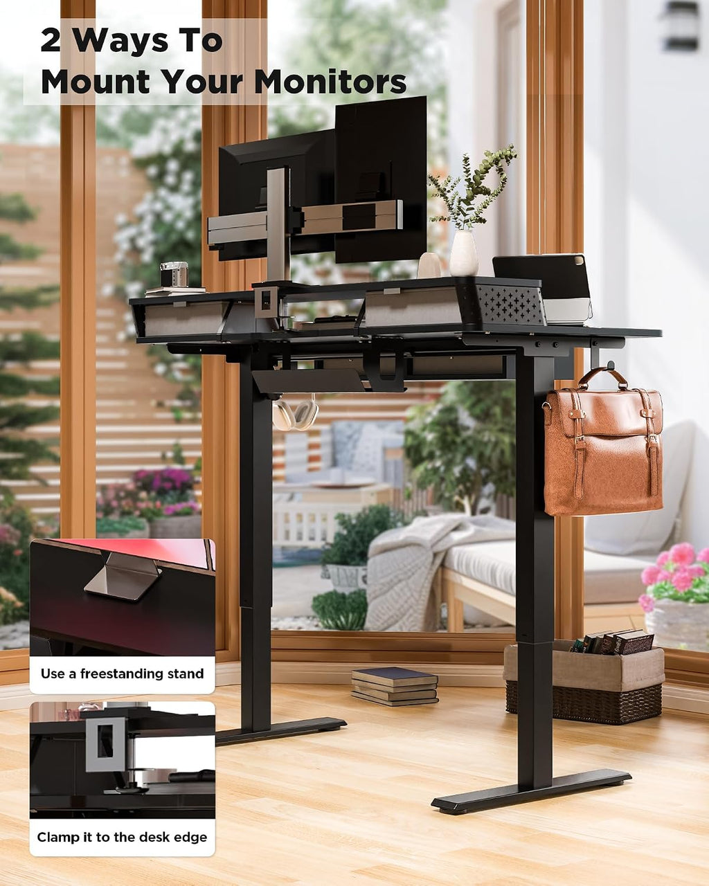 FiCiHi Electric Standing Desk with Four Drawers, 40 x 24 Inch Adjustable Height Sit Stand Desk, C-Clamp Compatible Home Office Desk with Storage Shelf & Monitor Stand Riser, Classical Black