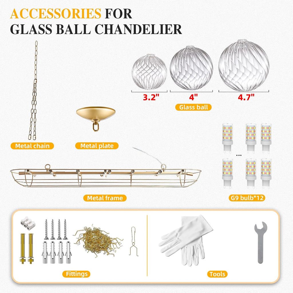 Longree Nordic Bubble Ball Swirled Glass Chandelier Gold, 62 inch | Long Rectangular, Island Light Fixture, For Dining Table, For Living Room