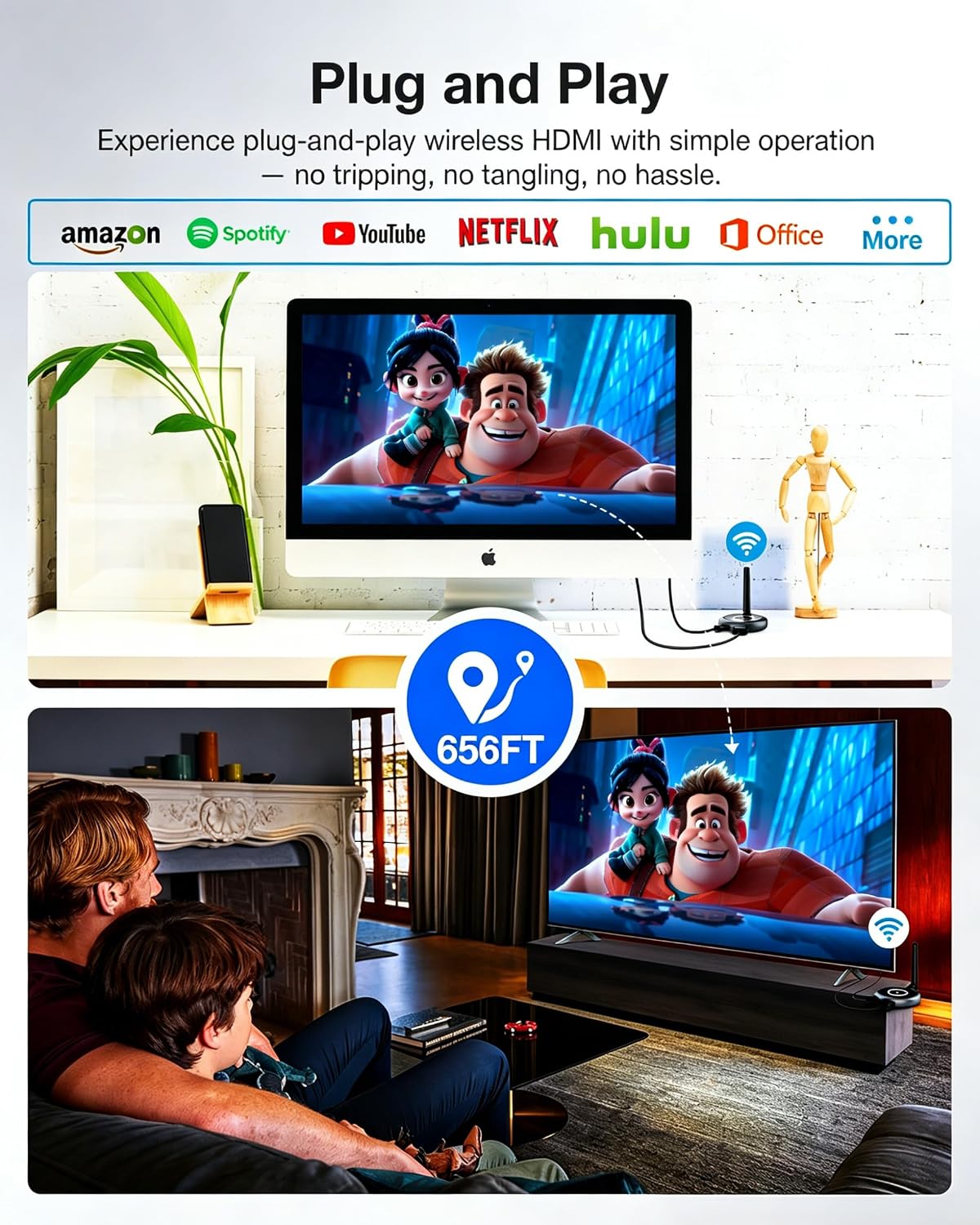 Wireless HDMI Transmitter and 2 Receivers, Plug and Play Multiple Tvs, 4K Decode 1080P@60Hz, 656FT/200M Range, Support 8 TVs, 5.8G/2.4G Extender for PC/Laptop/TV Box/Projector