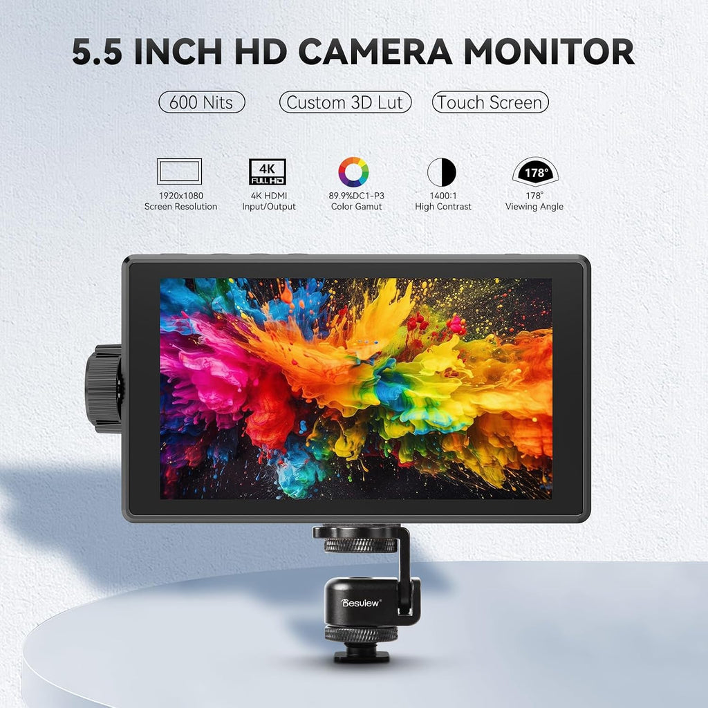 Desview 5.5'' 4K HDMI HDR Camera Field Monitor with IPS Touchscreen & 3D LUT, External DSLR Monitor for Filming or Studio Shooting (Battery Not Included)
