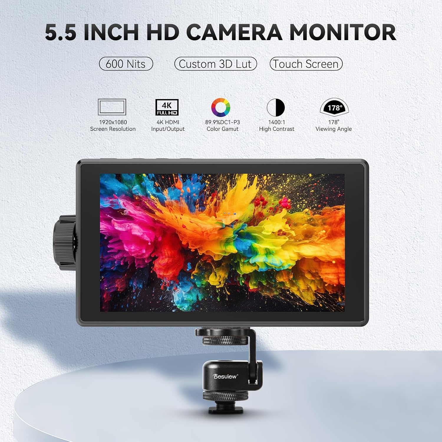Desview 5.5'' 4K HDMI HDR Camera Field Monitor with IPS Touchscreen & 3D LUT, External DSLR Monitor for Filming or Studio Shooting (Battery Not Included)