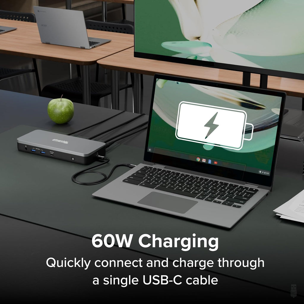 Plugable 12-in-1 Dual 4K USB-C Docking Station, Works with Chromebook Certified, 60W Charging for Classrooms & Business, ChromeOS/Windows, HDMI, DisplayPort, Ethernet, USB-C, 6X USB