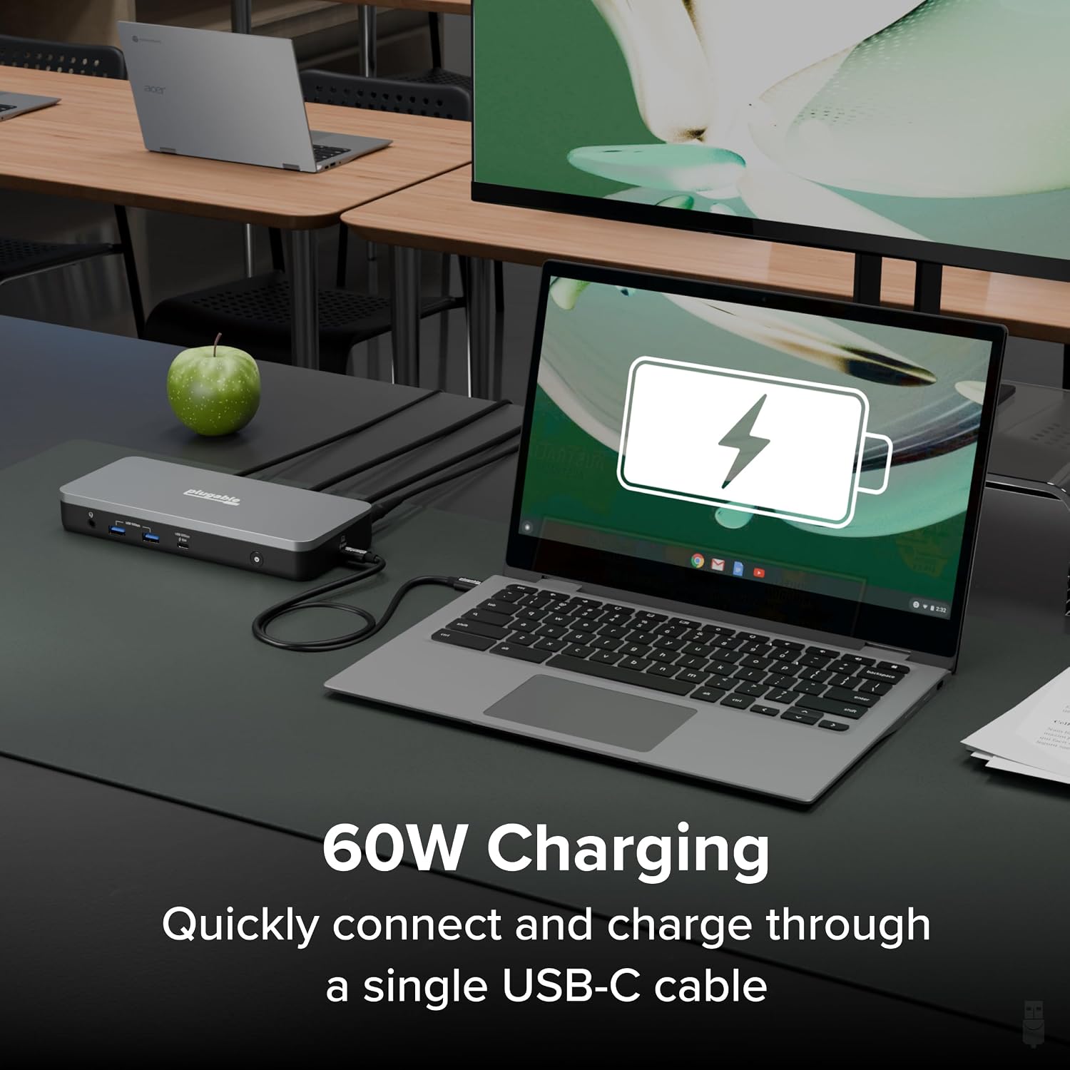 Plugable 12-in-1 Dual 4K USB-C Docking Station, Works with Chromebook Certified, 60W Charging for Classrooms & Business, ChromeOS/Windows, HDMI, DisplayPort, Ethernet, USB-C, 6X USB