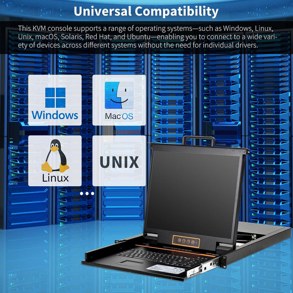 1U Rack Mount KVM Console Built-in 8 Port HDMI KVM Switch, 19' Rackmount Monitor, Keyboard and Touchpad, OSD/Hotkey/Button Switching,1280X1024@60Hz, 5:4 Aspect Ratio, Incl. KVM Cable and Ground Wire