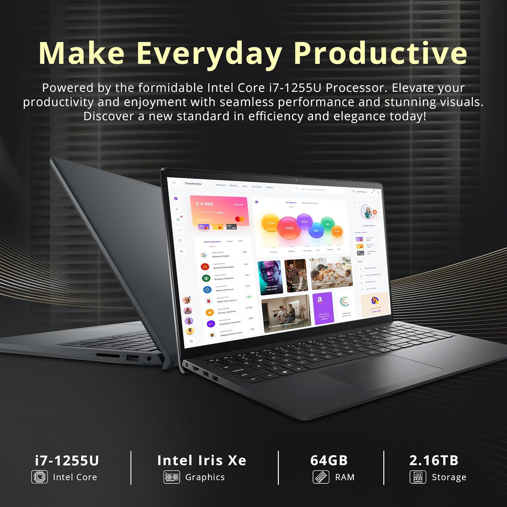Dell Inspiron 15 3520 15.6' FHD Laptop, Intel i7-1255U, 64GB RAM, 2.16TB Storage (2TB PCIe SSD+160GB Docking Station Set), Iris Xe Graphics, Numeric Keypad, Webcam, Wi-Fi, Windows 11 Home, Black