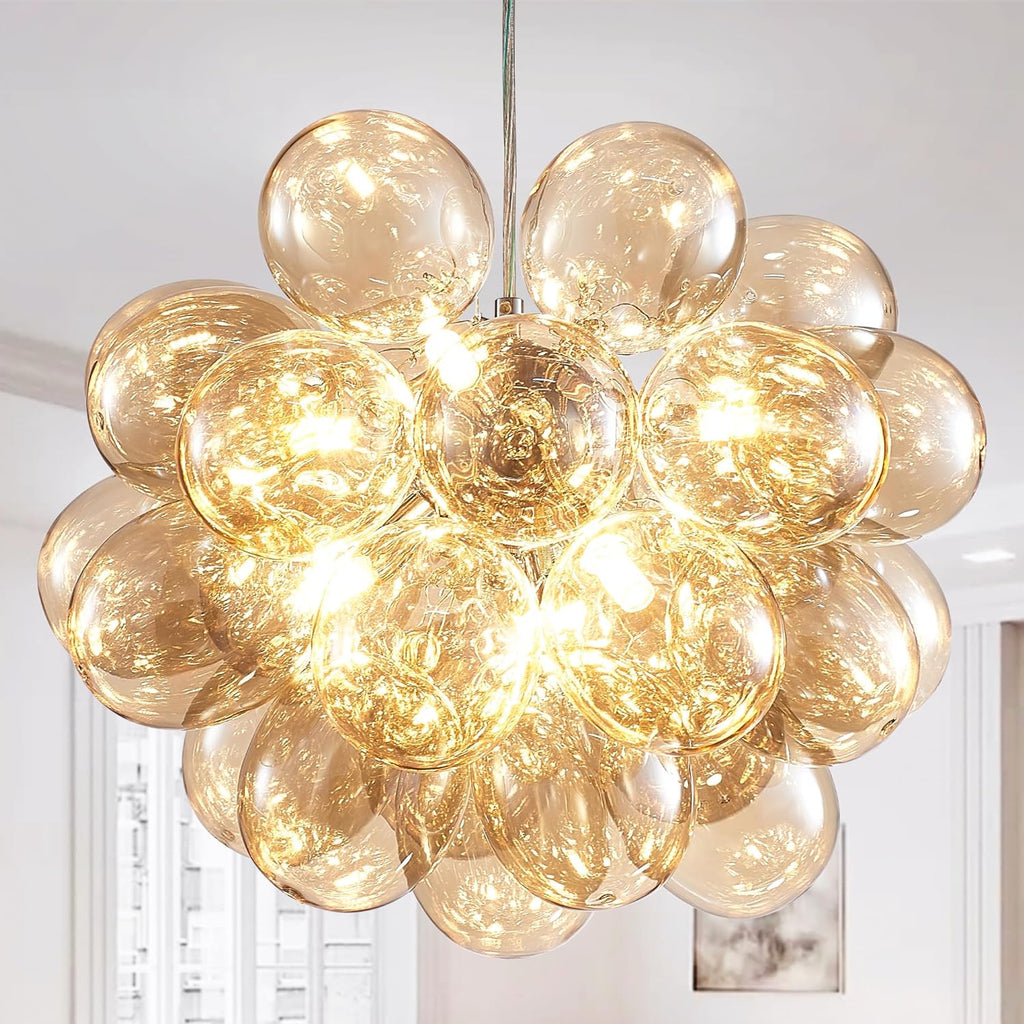 Longree Champagne Bubble Ball Chandelier, Dia 20 inch Blown Glass Cognac Glass Pendant Light Fixture for Bedroom Study Bathroom Foyer Entryway Lamp