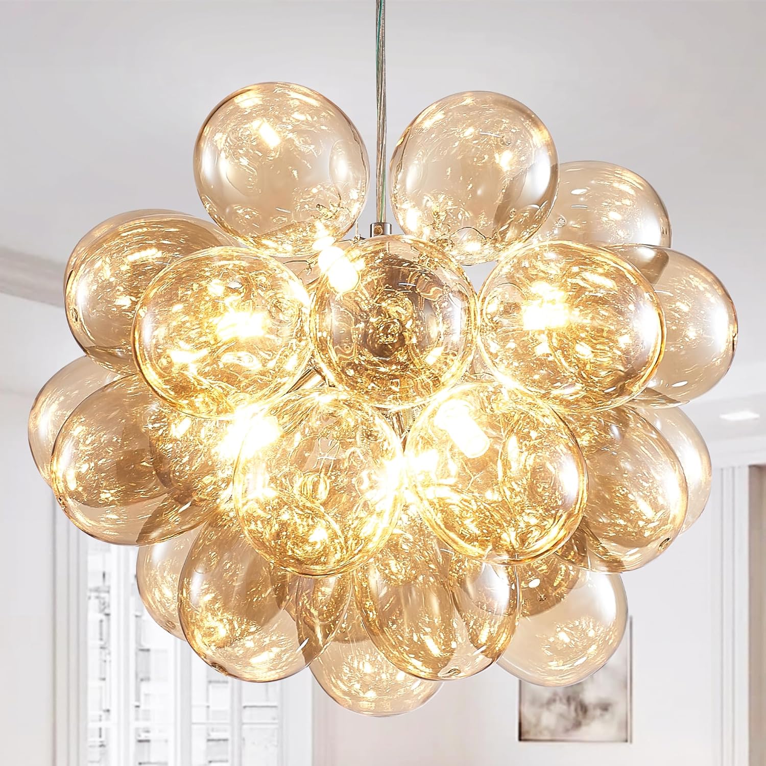 Longree Champagne Bubble Ball Chandelier, Dia 20 inch Blown Glass Cognac Glass Pendant Light Fixture for Bedroom Study Bathroom Foyer Entryway Lamp