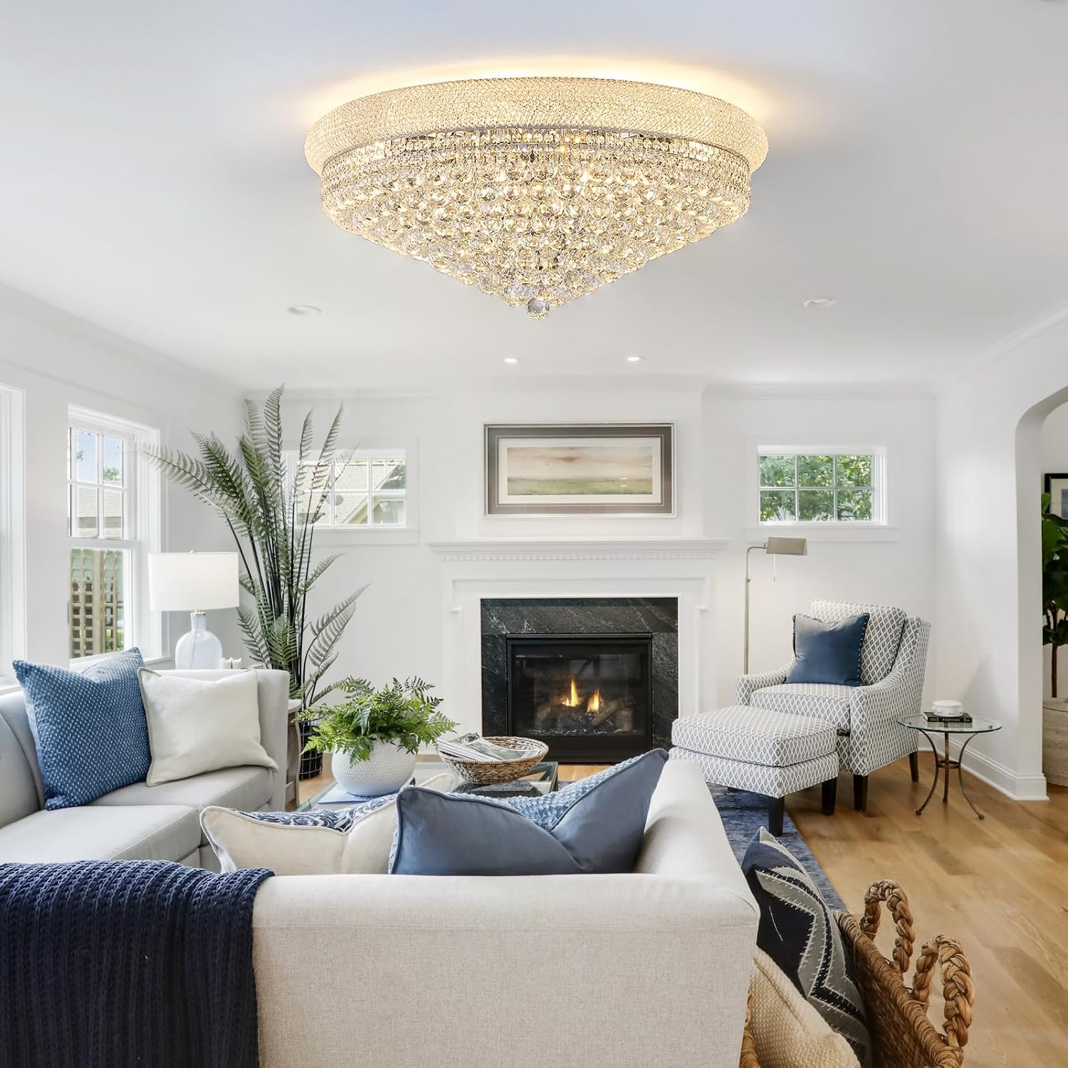 18 - Light Crystal Flush Mount Chandelier Ceiling Light Fixture for Living Room Dining Room Entryway Foyer Chrome Finish