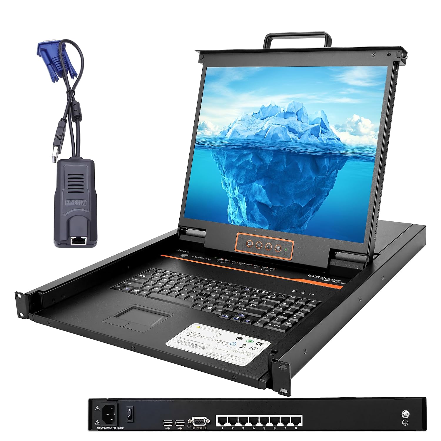 1U Rack Mount KVM Console w/8 Port Cat5 KVM Switch +8 VGA to RJ45 Dongles, 19' Rackmount Monitor and Keyboard, OSD/Hotkey/Button Switching,1280×1024@60Hz,Support Windows, Linux, Mac and Sun