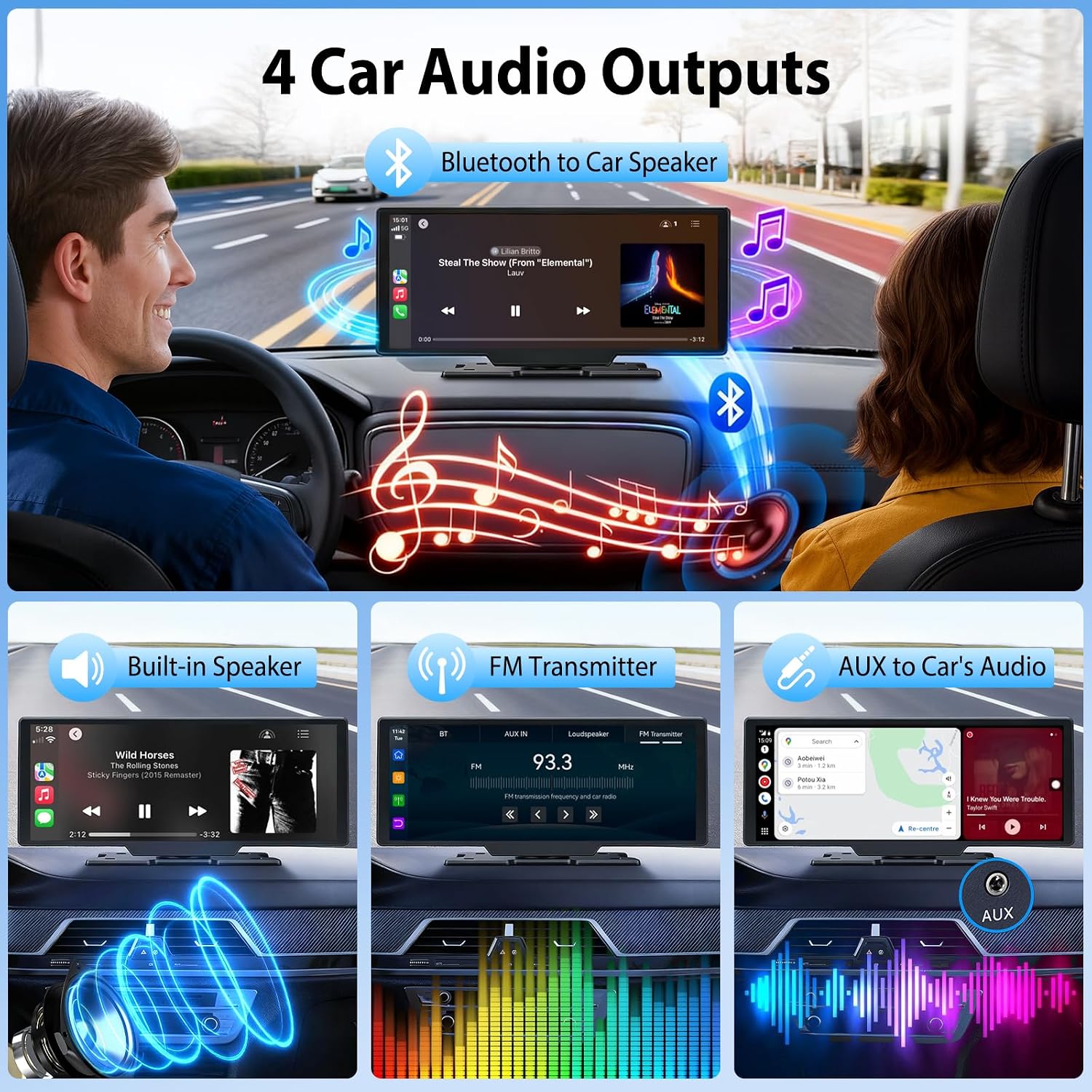10.26' Wireless CarPlay Screen for Car: 4K Dash Cam & 1080P Backup Camera, Portable Touchscreen Car Stereo for Apple Carplay & Android Auto, GPS Navigation, Mirror Link BT FM Voice Control (ADAS)