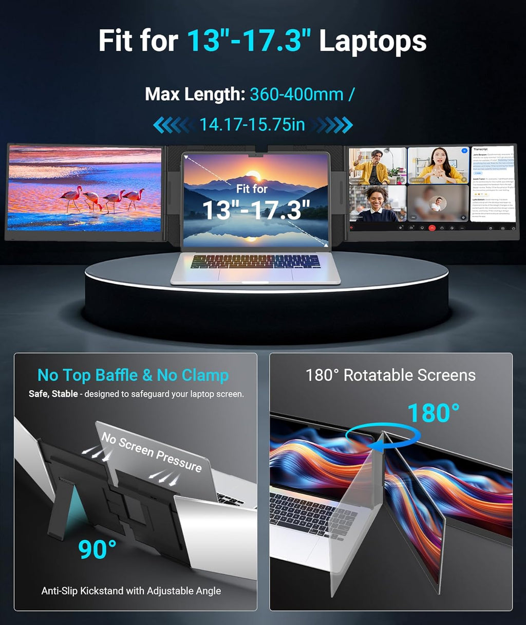 15.6' Laptop Screen Extender, 1080P FHD Triple Portable Monitor for Laptops, Ultra-Slim Travel Dual Monitor Fit for 13-17.3' Laptops, USB-C Plug&Play Extended Screen Compatible with Win/Mac/Android