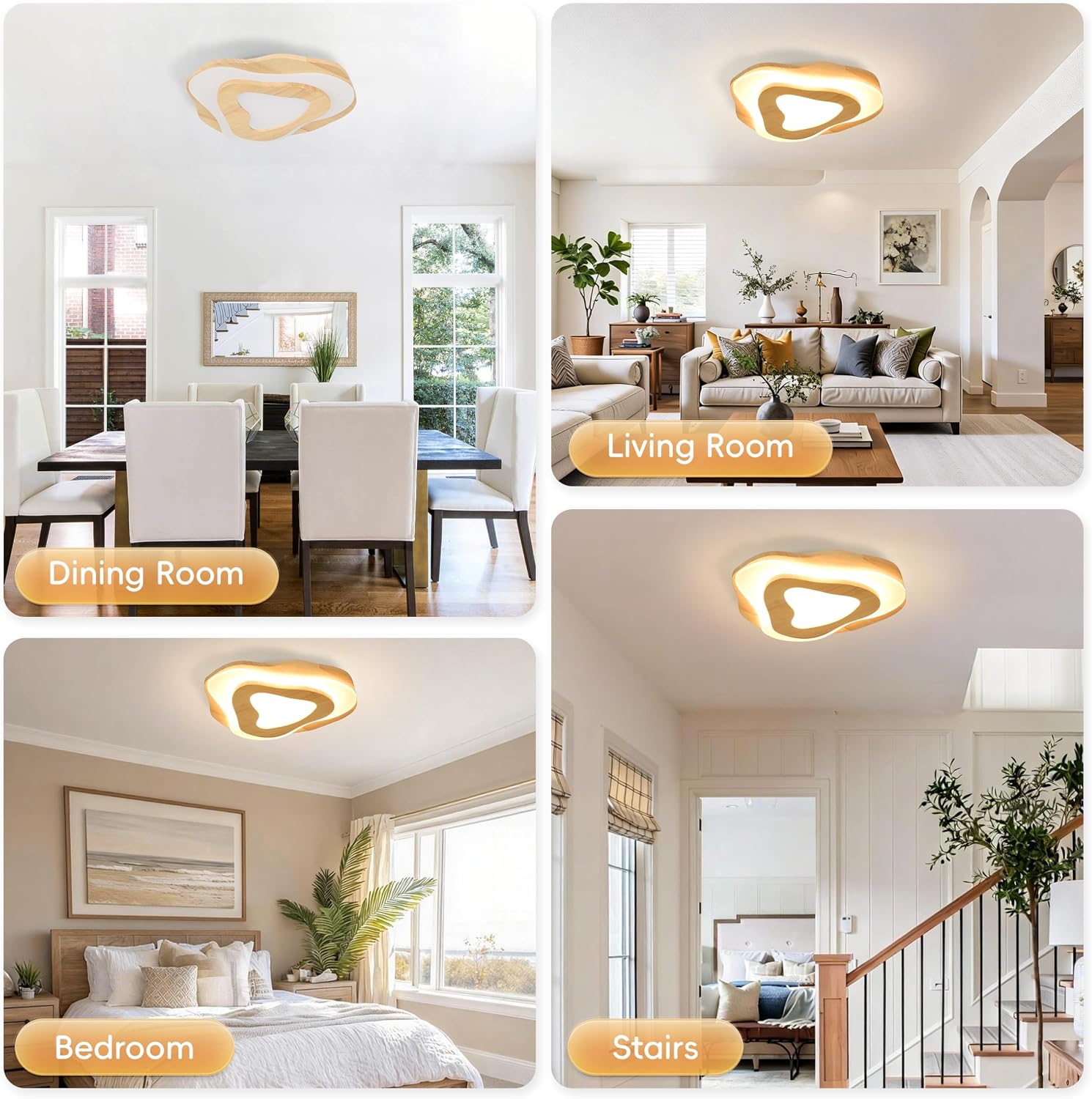Littleglovo 15.7' Modern Flush Mount LED Chandelier for Dining Room, Natural Wood Petal Energy Chandeliers Ceiling Light for Entryway Bedroom Foyer Kitchen Living Room Bathroom