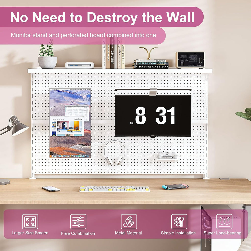 KEIKI Metal Pegboard Desk Organizer with Dual Monitor Stand, 59' x 35' Large Desk Peg Board with Hooks & Movable Panel, Office Organization and Storage Shelf for Gaming or Workstation Setup, White