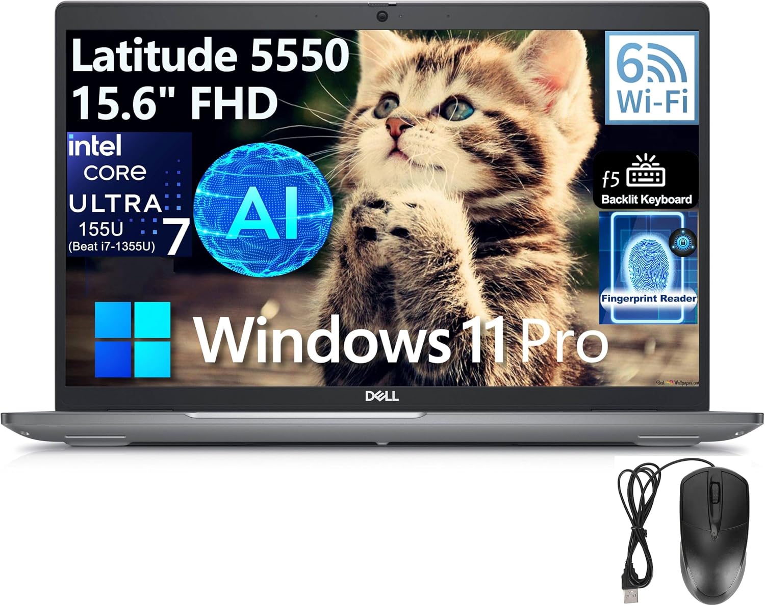 Dell Latitude 5550 5000 15 15.6' FHD Laptop Computer, Intel 12-Core Ultra 7 155U (Beat i7-1355U), 64GB DDR5, 1TB PCIe SSD, WiFi 6, Backlit KB, FPR, Thunderbolt, NPU AI Copilot Business, Win 11 Pro