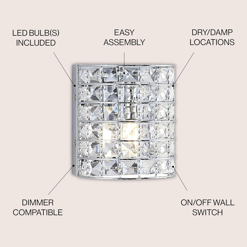 JONATHAN Y 7' Chrome Modern LED Vanity Light Sconce for Bathroom Decor, 1-Light, Clear Crystal Shade, Glam Wall Lighting for Hallway Entryway, LED Bulb Included JYL7542A