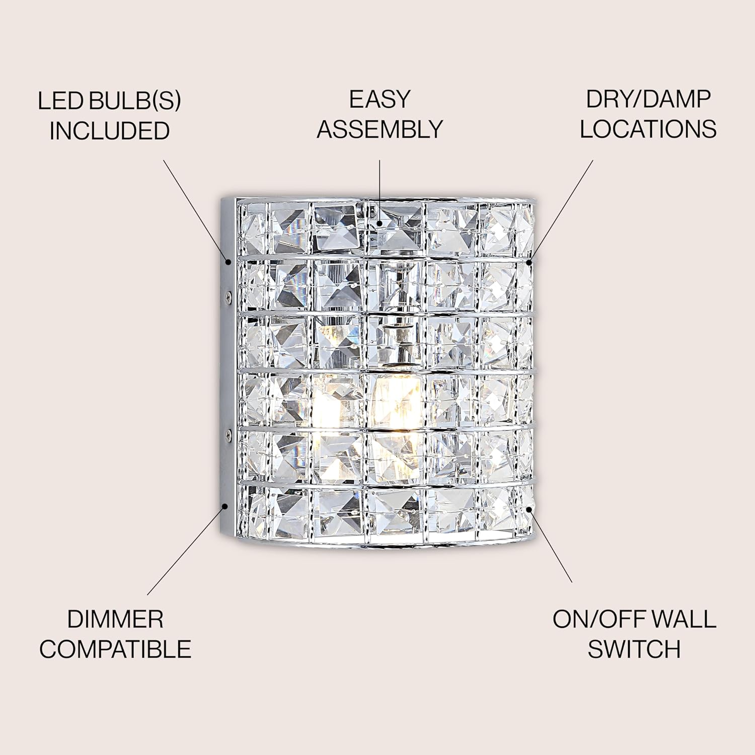 JONATHAN Y 7' Chrome Modern LED Vanity Light Sconce for Bathroom Decor, 1-Light, Clear Crystal Shade, Glam Wall Lighting for Hallway Entryway, LED Bulb Included JYL7542A