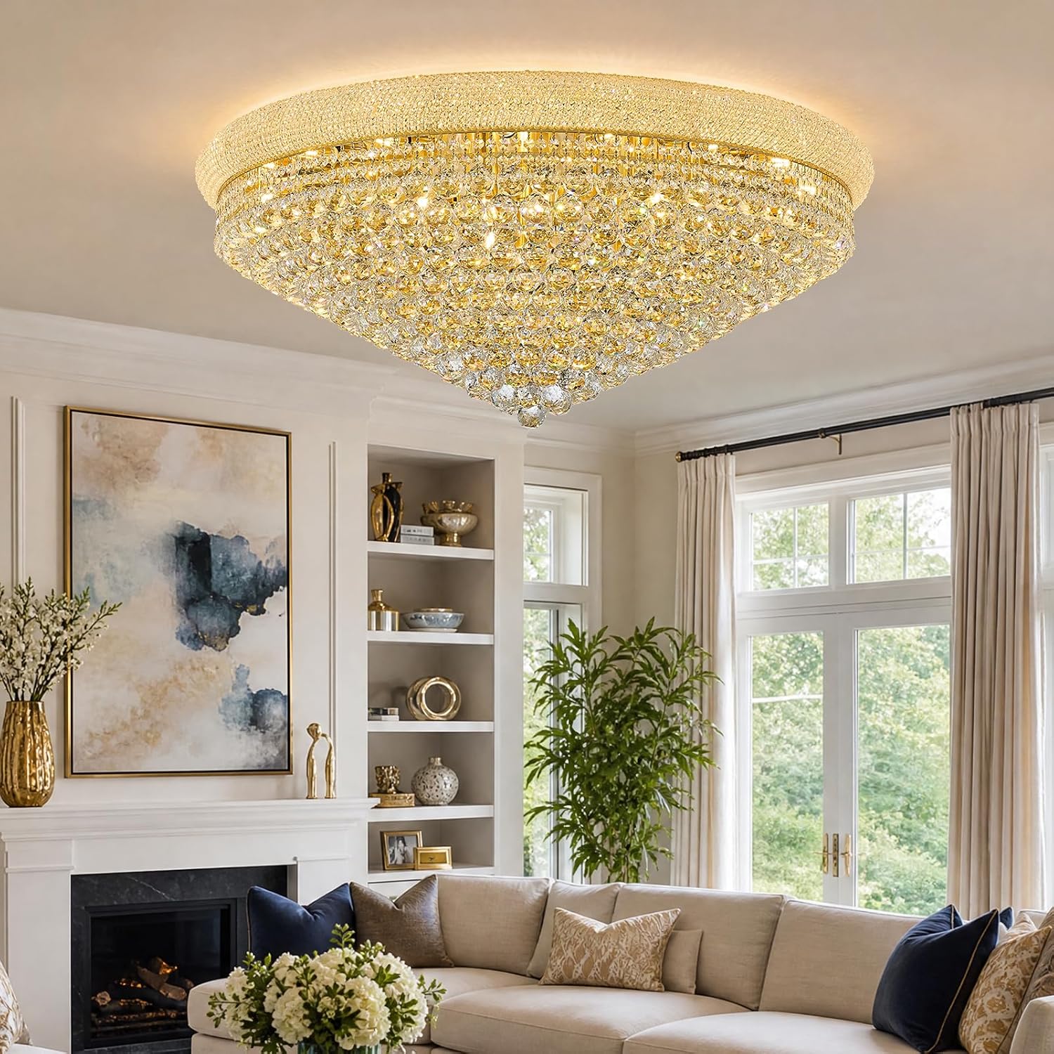27-Light Large Crystal Chandelier Flush Mount Ceiling Light Fixture for Living Room Entrance Foyer Lobby Gold Finish