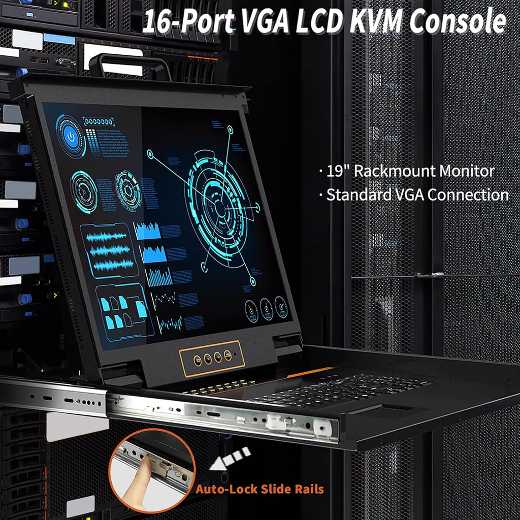 1U Rack Mount KVM Console Built-in 16 Port VGA KVM Switch, 19' Rackmount Monitor, Keyboard and Touchpad,OSD/Hotkey/Button Switching,1280X1024@60Hz, 5:4 Aspect Ratio,Incl. VGA KVM Cables, Fits 19' Rack