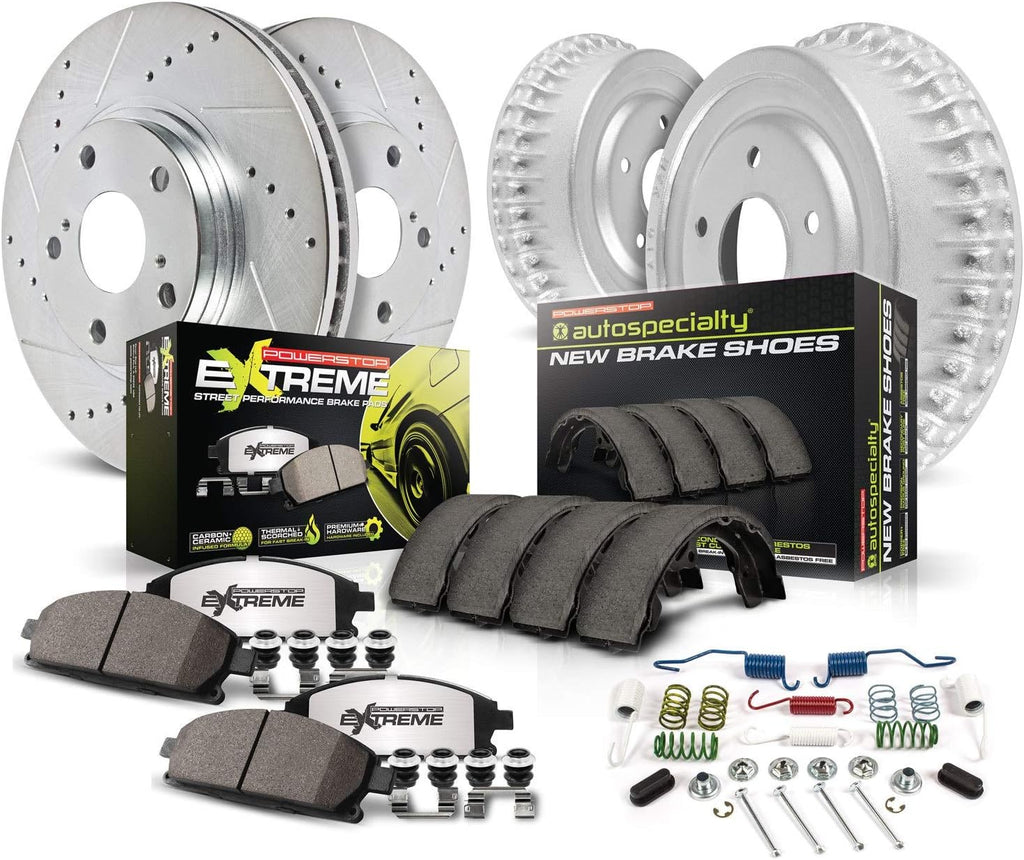 Power Stop K15241DK-26 Front and Rear Z26 Carbon Fiber Brake Pads with Drilled & Slotted Brake Drums Kit For Honda Civic 2006-2011 [Model Specific]