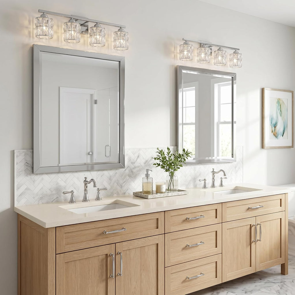 Quoizel Gibson Bath Vanity Lights, 30 Inch 4-Light Polished Chrome Bathroom Lighting Fixtures Over Mirror, Clear Beveled Crystal Shade, Contemporary Wall Mount Light for Bathrooms, Kitchen or Hallway