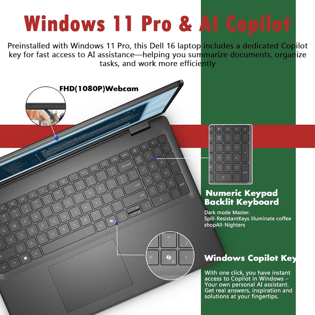 Dell 16 Touchscreen Laptop Computer 2026, Intel 10-Core 7 150U(Up to 5.4GHz), 16'' FHD+ Anti-Glare Dsiaplay, 16GB DDR5, 1TB SSD, Backlit Copilot Keyboard, Win11 pro, Express Charge, Black
