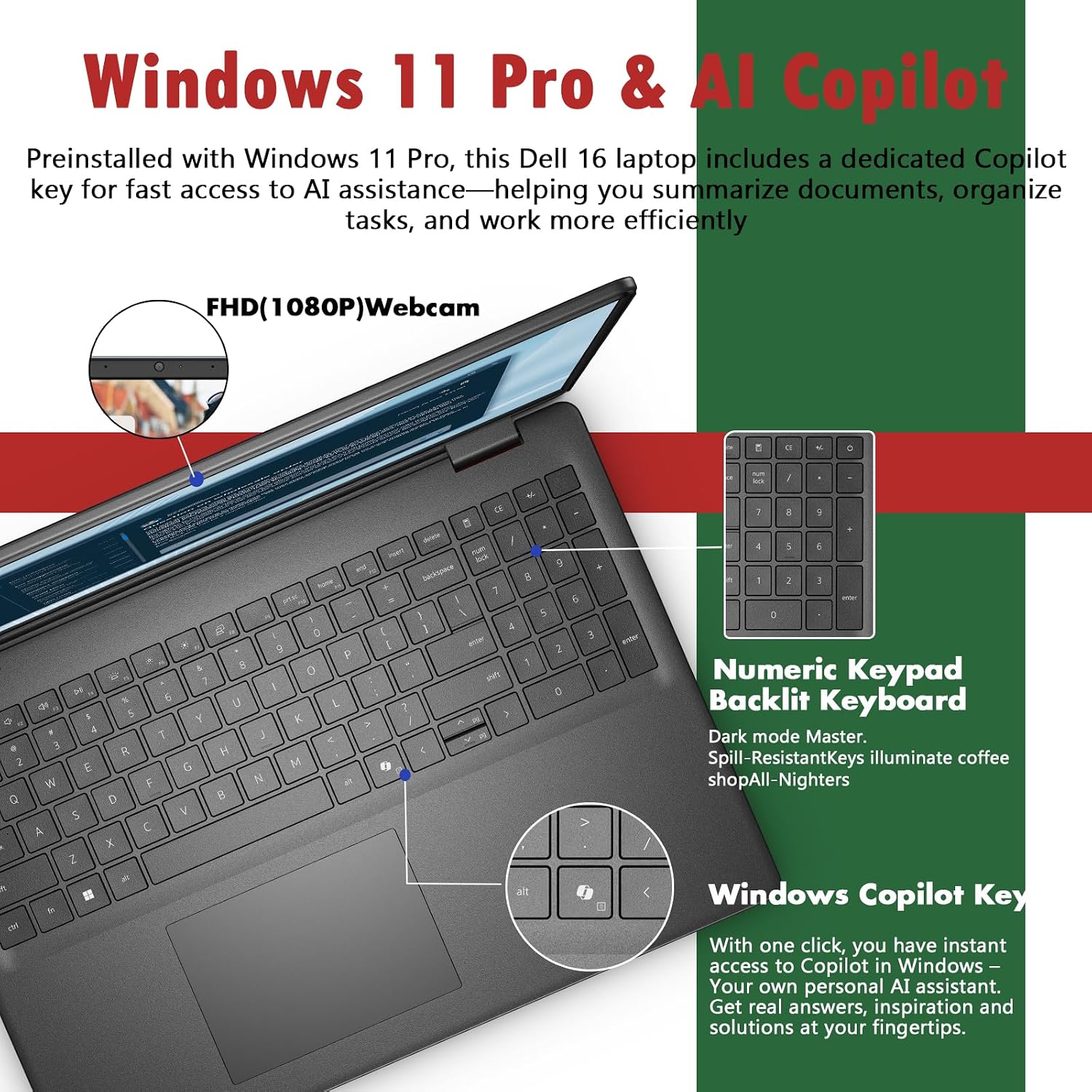 Dell 16 Touchscreen Laptop Computer 2026, Intel 10-Core 7 150U(Up to 5.4GHz), 16'' FHD+ Anti-Glare Dsiaplay, 16GB DDR5, 1TB SSD, Backlit Copilot Keyboard, Win11 pro, Express Charge, Black