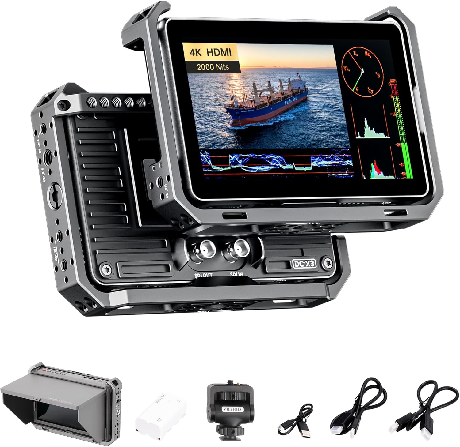 VILTROX DC-X3 Camera Field Monitor Kit with Rig Cage 2000 Nits Touchscreen Camera Monitor with SDI/4K HDMI in/Out, 6' Full HD 1920x1080 IPS, 3D LUTs Peaking Focus Assist, Sunshade Hood, Battery
