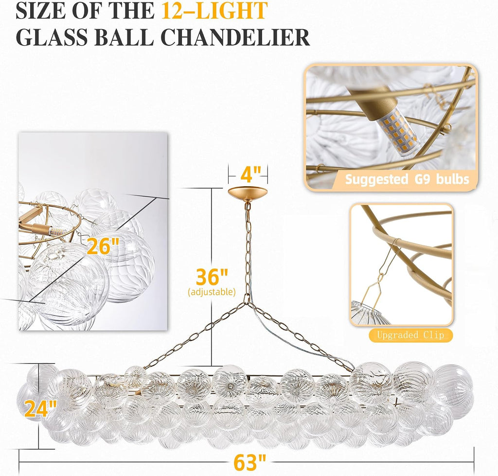Longree Nordic Bubble Ball Swirled Glass Chandelier Gold, 62 inch | Long Rectangular, Island Light Fixture, For Dining Table, For Living Room