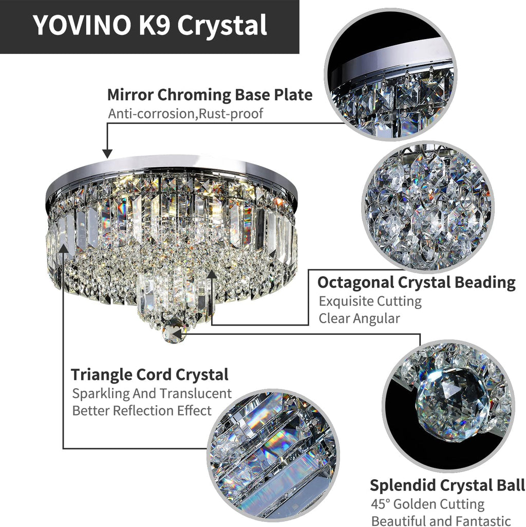 Modern Crystal Chandeliers 6-Light Crystal Ceiling Light Fixtures Flush Mount Round Light Fixture for Living Room Bathroom Kitchen, H9.8'' x Dia16''