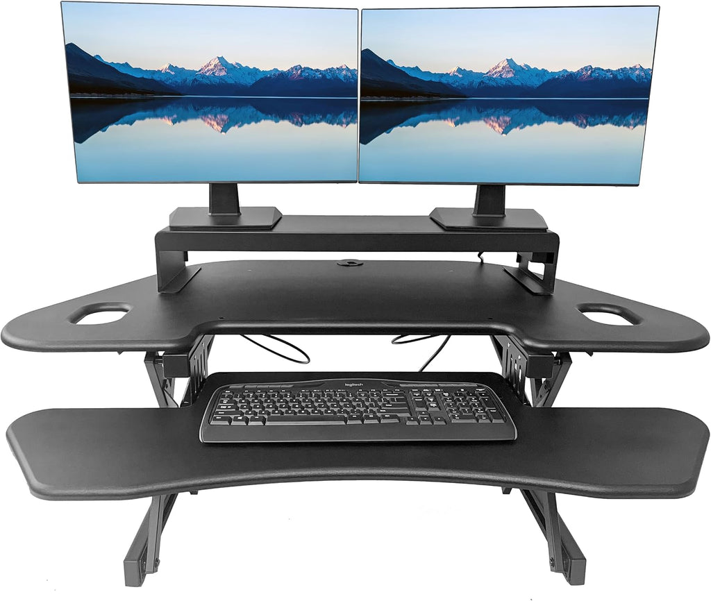 Rocelco 46' Height Adjustable Corner Standing Desk Converter with AC Outlet USB Charger and Dual Stand - Tabletop Computer Riser Workstation - Large Keyboard Tray - Black (R CADRB-46-ACUSB-DMS)