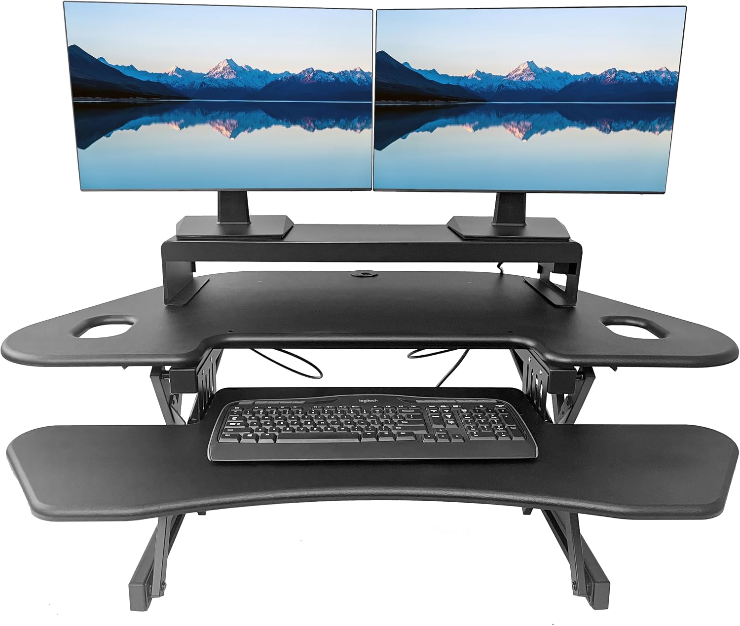 Rocelco 46' Height Adjustable Corner Standing Desk Converter with AC Outlet USB Charger and Dual Stand - Tabletop Computer Riser Workstation - Large Keyboard Tray - Black (R CADRB-46-ACUSB-DMS)