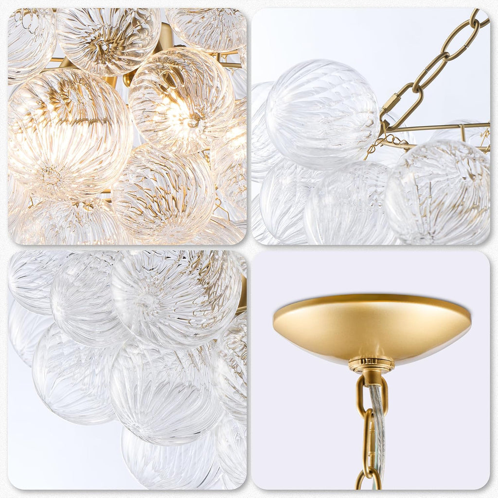 Longree Nordic Bubble Ball Swirled Glass Chandelier, Diam 24 inch Gild Gold and Clear Blown Glass Hanging Pendant Light Fixture for Bedroom Study Restaurant