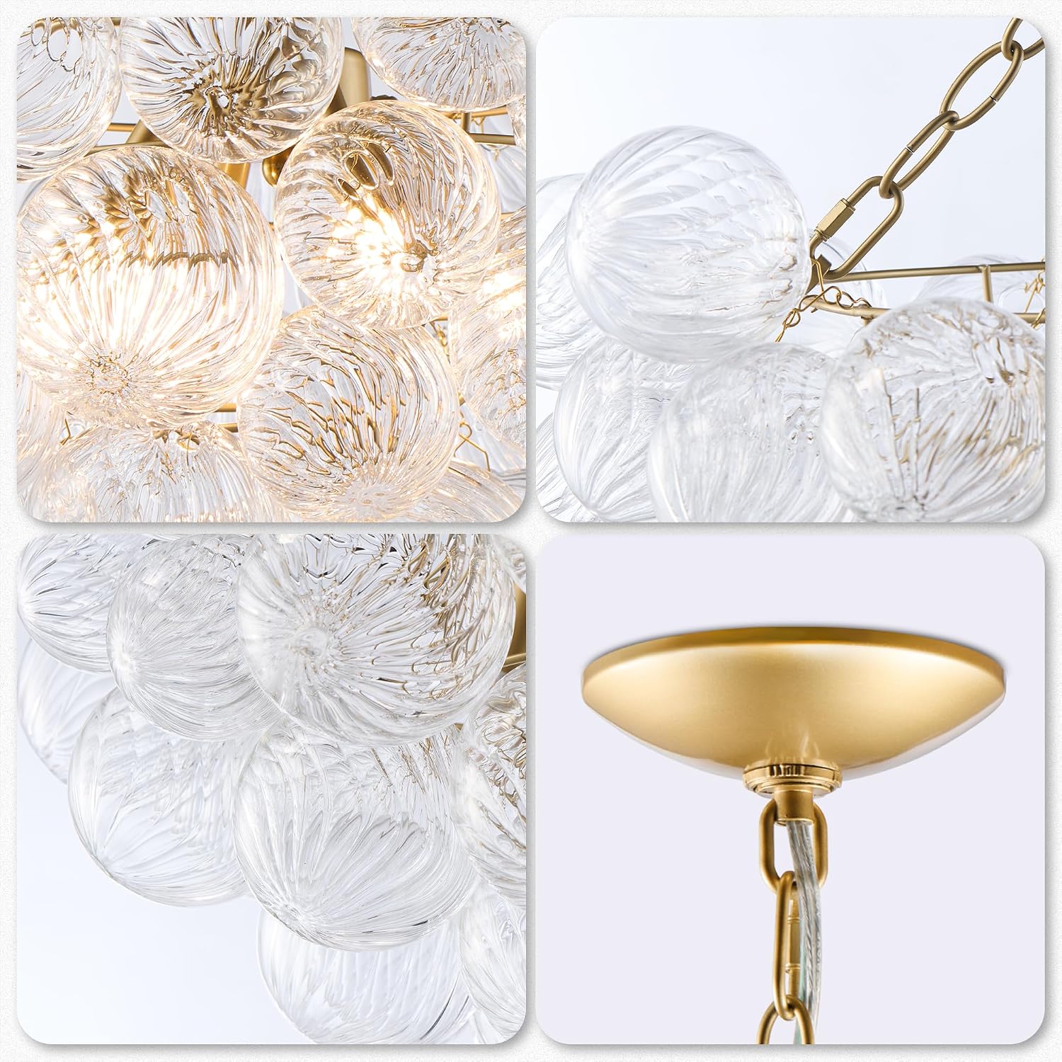 Longree Nordic Bubble Ball Swirled Glass Chandelier, Diam 24 inch Gild Gold and Clear Blown Glass Hanging Pendant Light Fixture for Bedroom Study Restaurant