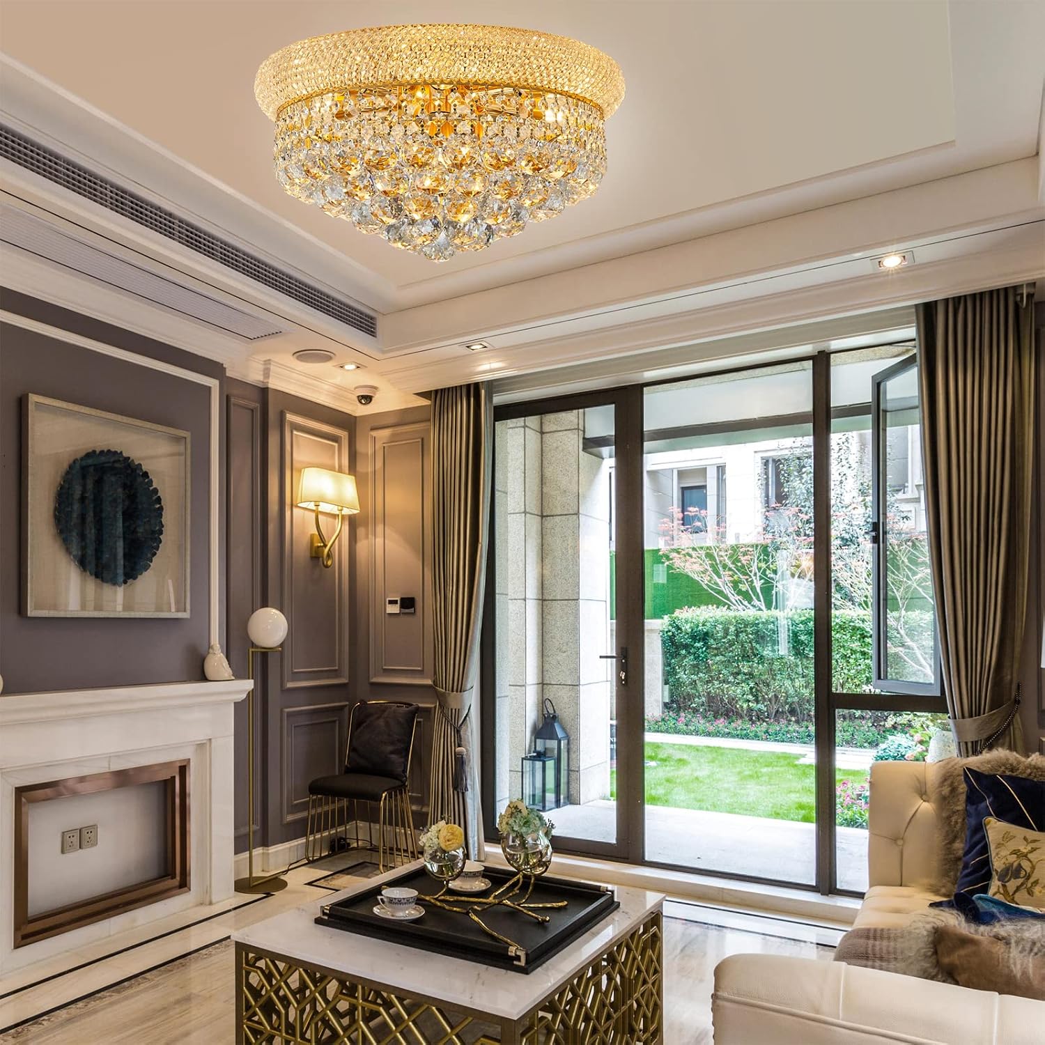 7 - Light Flush Mount Crystal Chandelier for Living Room Dining Room Entryway Hallway Bedroom Foyer Gold Finish